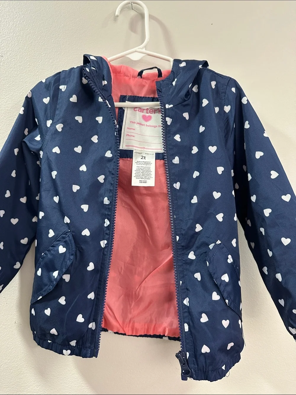Carter's Navy Hooded Raincoat with White Hearts